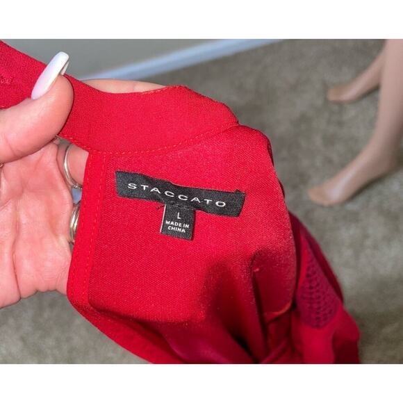 Staccato red dress boxy mini 3/4 sleeve loose fitting roll tab sleeves SZ L - Picture 5 of 9